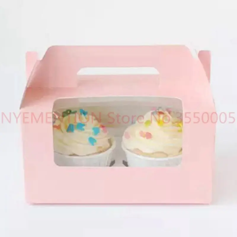 Коробка для кексов с окном 2 отверстия торт Muffin упаковочные коробки, свадьба, день рождения Кондитерские подарок держатель упаковочные материалы ручка 100 шт