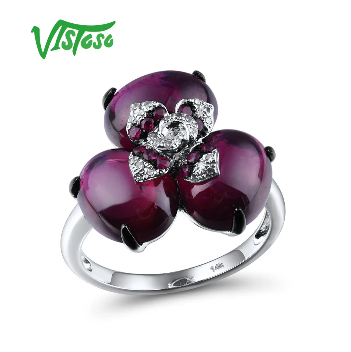 VISTOSO Pure 14K 585 White Gold Ring For Women Sparkling Diamond Ruby Rhodolite Garnet Luxury Wedding Engagement Fine Jewelry