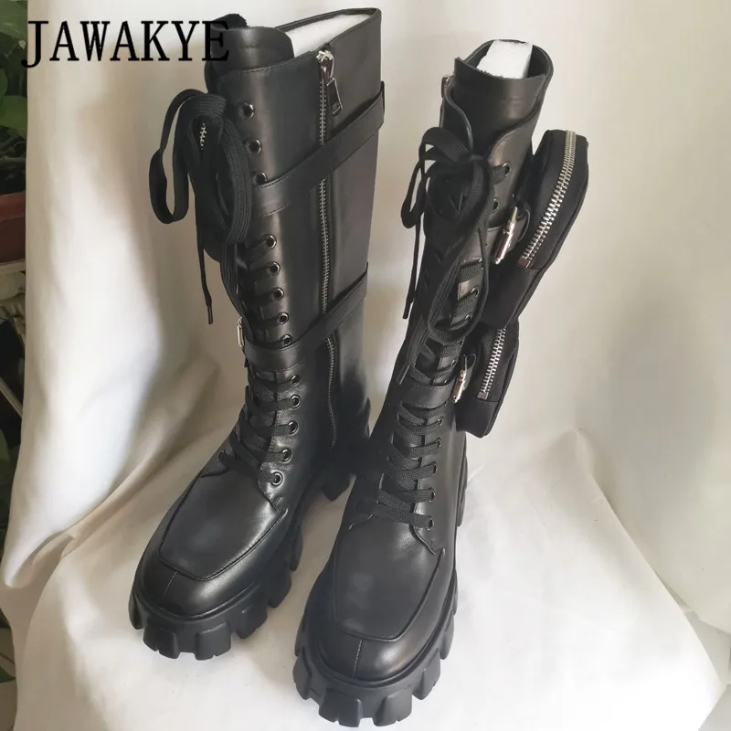 Женские мотоциклетные сапоги JAWAKYE черные до колена на толстой подошве со