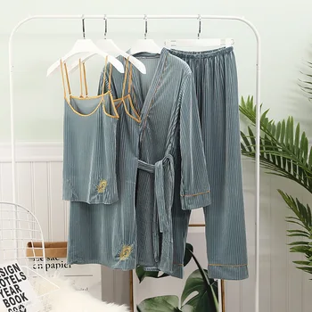 

Warm Women 4PCS Pajamas Suit Nightwear Long Sleeve Novelty Sleepwear Nighty&Robe Set Homewear Autumn Nightgown Home Clothing