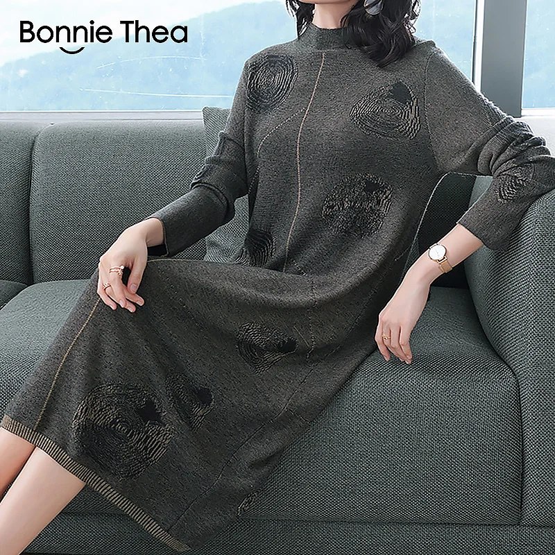 Женское зимнее вязаное платье свитер Bonnie Thea с высоким воротником для вечеринки