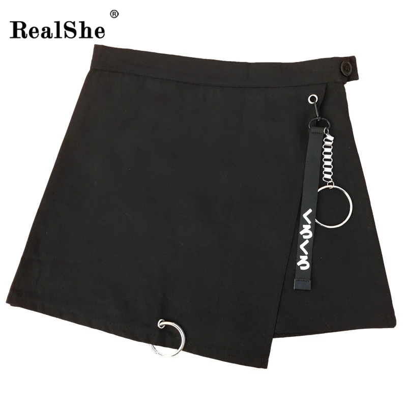 RealShe Jupe Femme 2020 Асимметричная черная мини юбка с буквенным принтом Весенняя