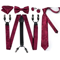 DiBanGu Silk Suspenders Necktie Bow Tie Set For Men Red Clip-on Braces Man Wide Strap For Pants Wedding Party Home Casual 3.5cm