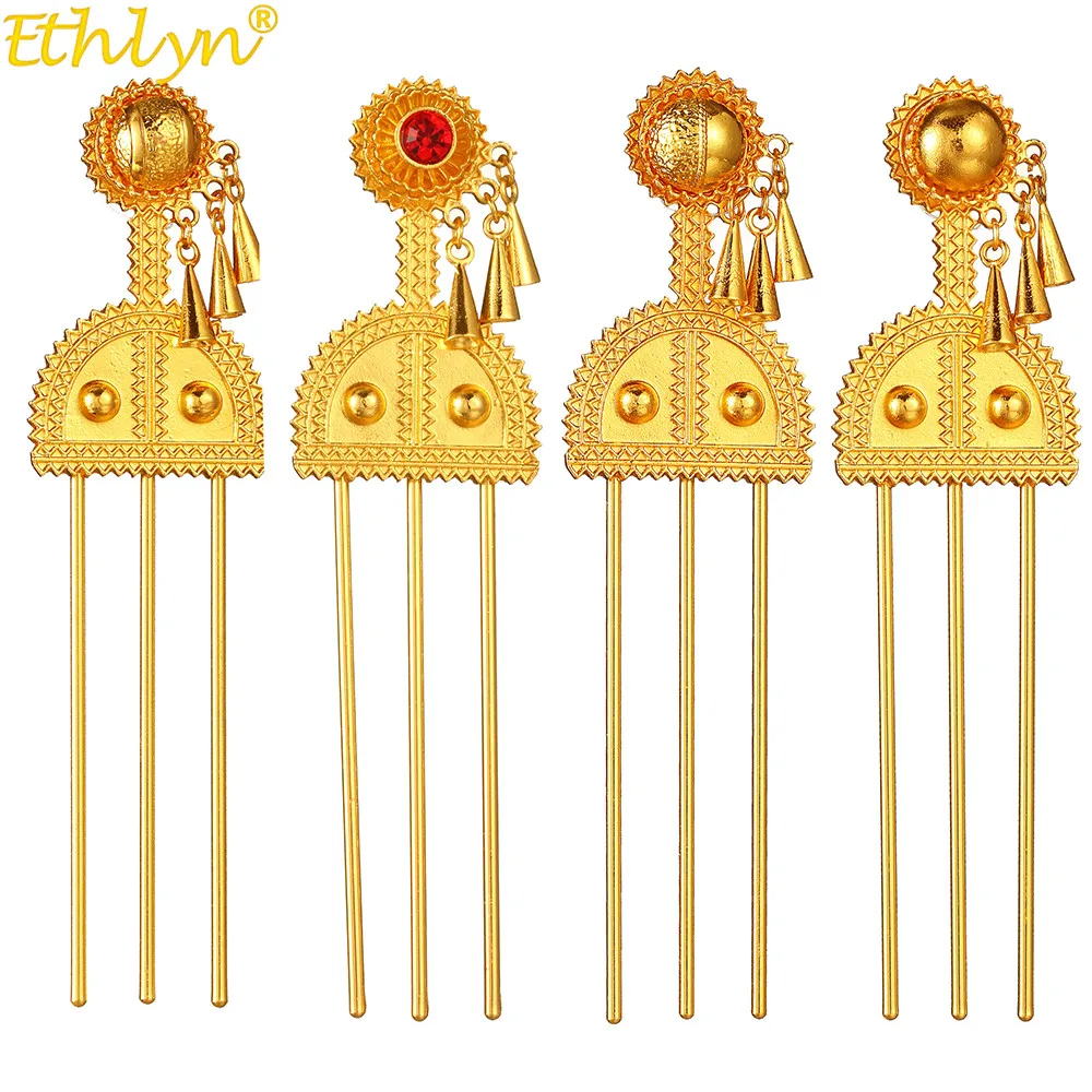 Hair Accessory Vintage Ethiopian Hair Sticks Gold Color African Bridal Wedding Hairpins Hair Clip Traditional Jewelry African Female