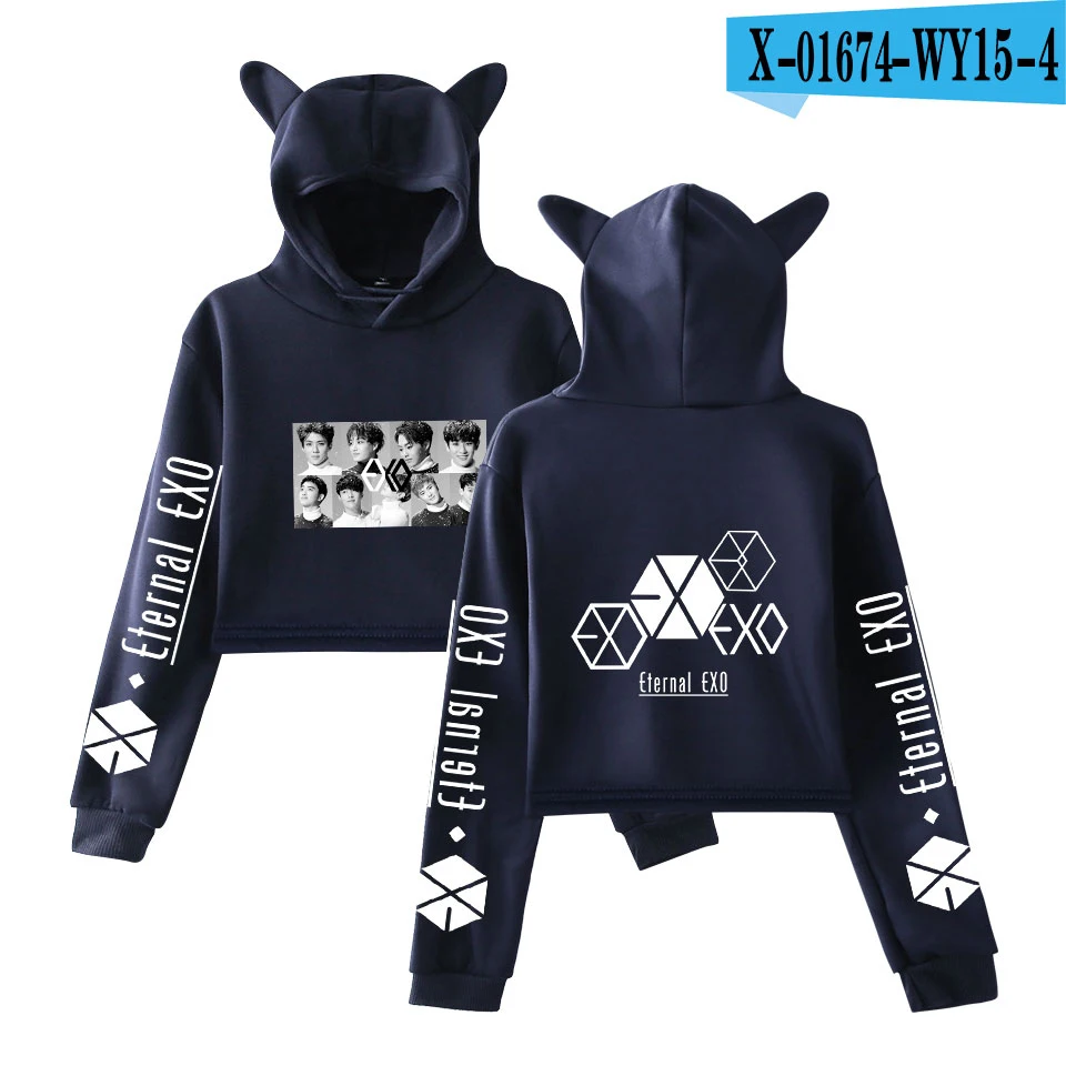 EXO Ablum Ulzzang Милая толстовка с кошачьими ушками Осенняя Женская Студенческая пуловеры Harajuku Повседневная укороченная Толстовка для женщин - Цвет: navy