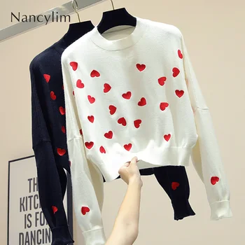 

Embroidered Love Pullover Sweater for Women New 2019 Autumn Loose Long Sleeve Knitted Sweater Pull Femme Students Coat