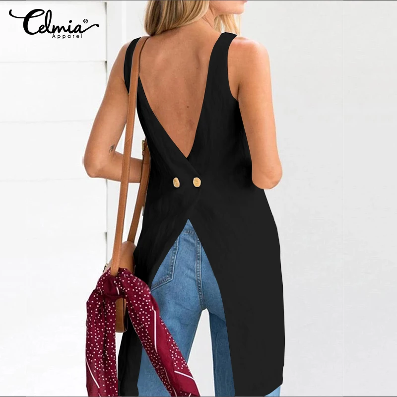 

Sexy Back V-Neck Women Tops and Blouses 2020 Celmia Summer Sleeveless Shirts Casual Buttons Elegant Office Asymmetrical Blusas