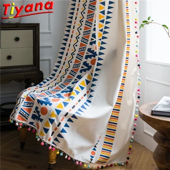 

Bohemian Colorful Geometric Tassels Curtains for Living Room Modern Cotton and Linen Curtains Semi-blackout White Panels *VT