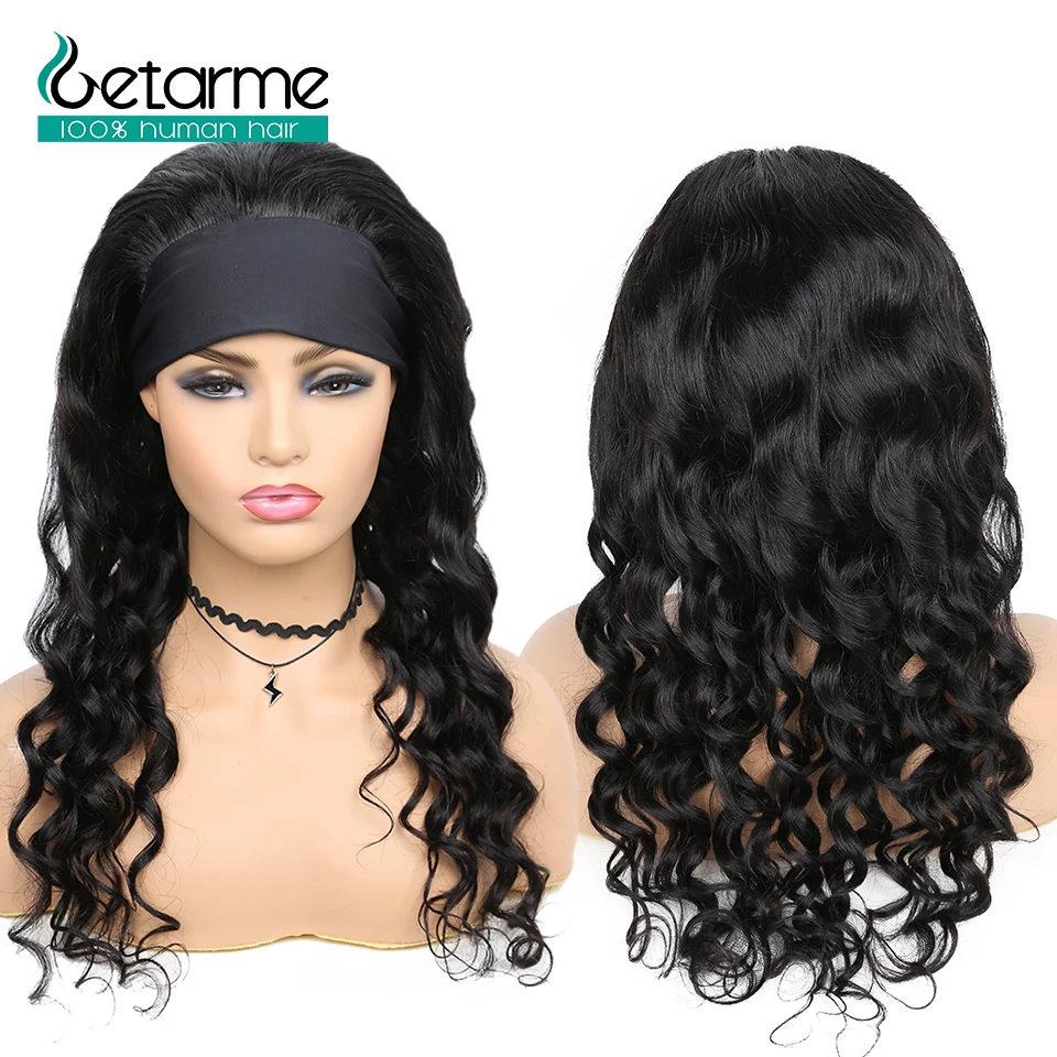 Headband Loose Wave Long Wigs Human Hair Natural 1B Color Non-remy No Glueless HeadHand 150% Density For Black Women
