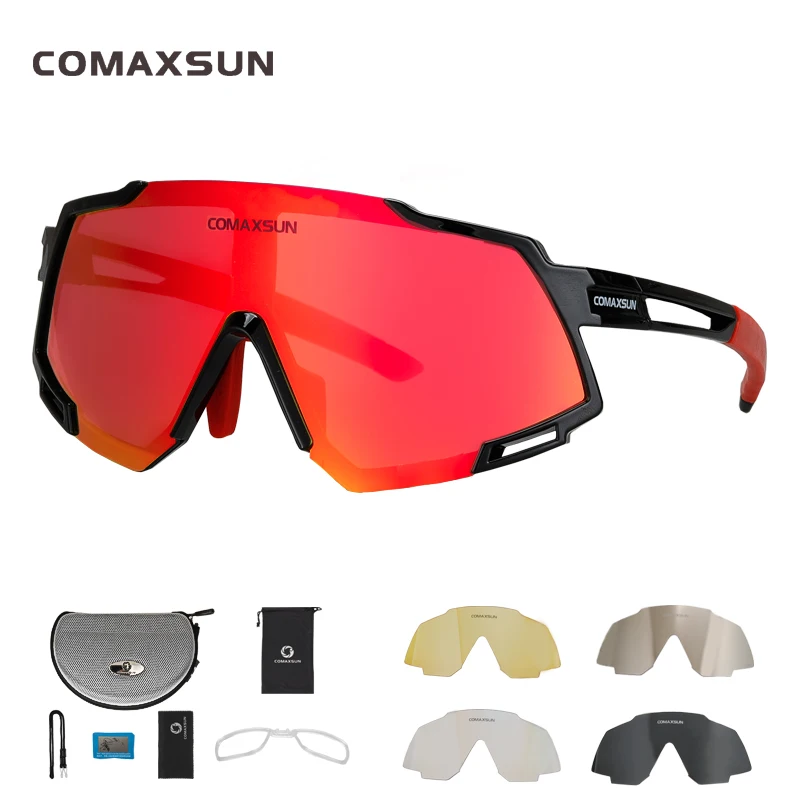 Comaxsun, Профессиональные поляризованные велосипедные очки, MTB, для шоссейного велосипеда, очки для спорта на открытом воздухе, велосипедные солнцезащитные очки, UV 400, с 5 линзами TR90 - Цвет: BLACK Red