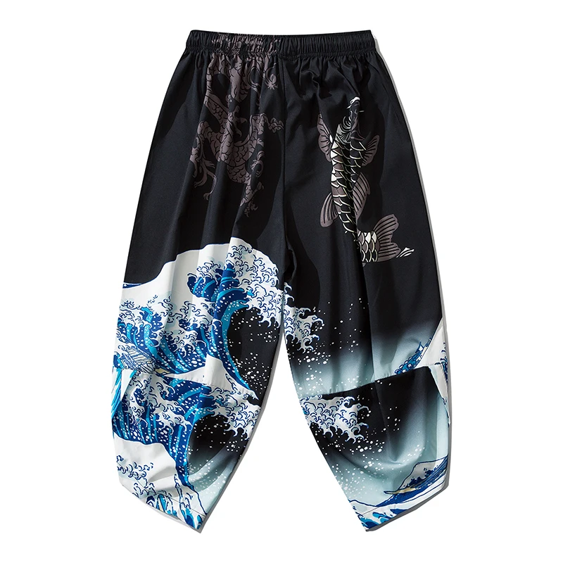 Japanese Kimono Pants Vintage Bloom Harajuku Waves Print Casual Trousers Women Men Traditional Asian Clothing