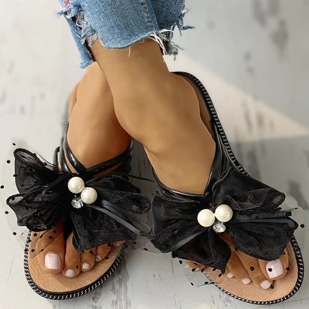 

Beaded Bowknot Flat Flip Flop for Womens Slip On Round Toe Flat Slippers Fashion Outdoor Slippers Beach Shoes #20