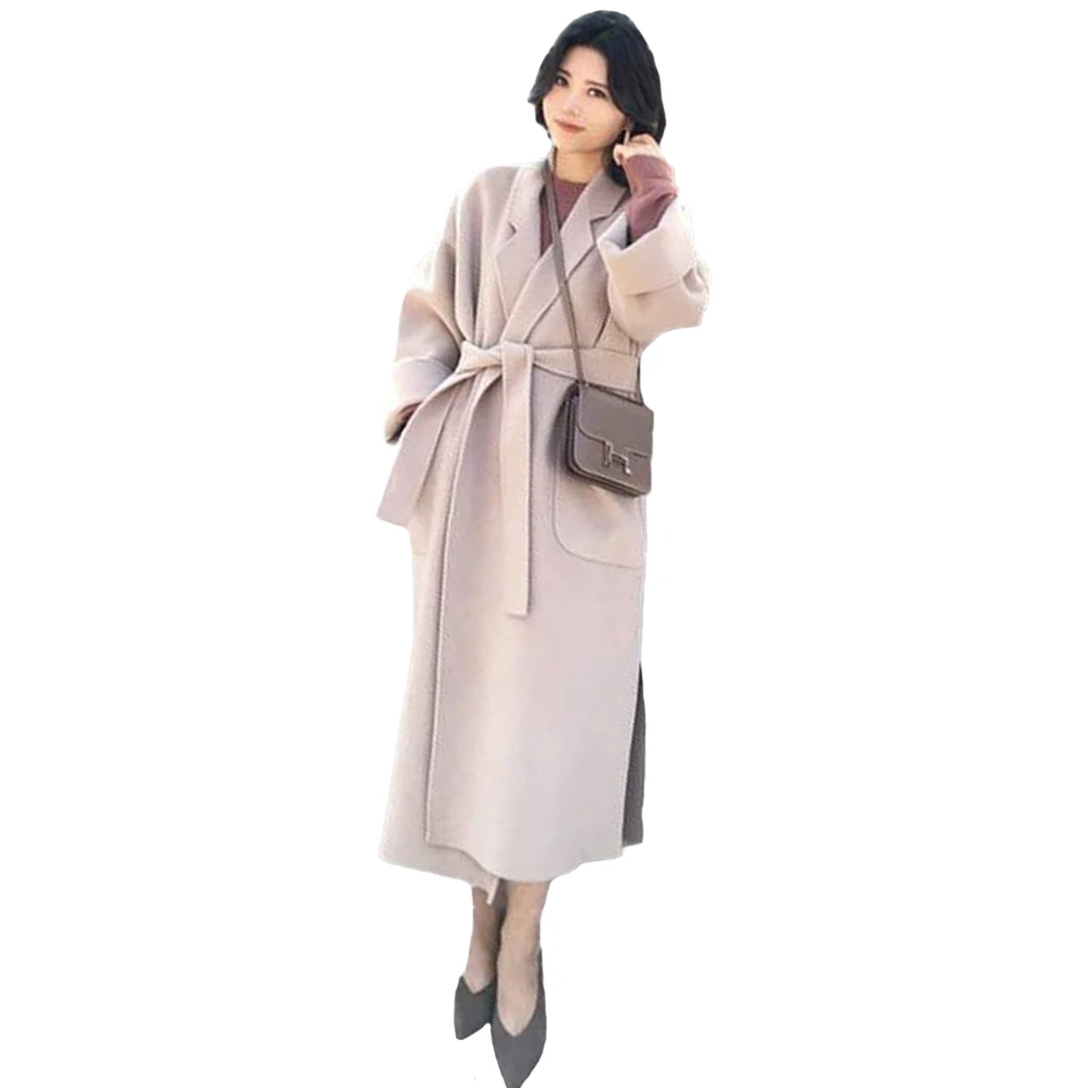 

Winter Thick Coat Loose Long Section Lapel Wool Coat Autumn Casual Long-Sleeved Cardigan New Women's Belt Strap Thick Warm Coat