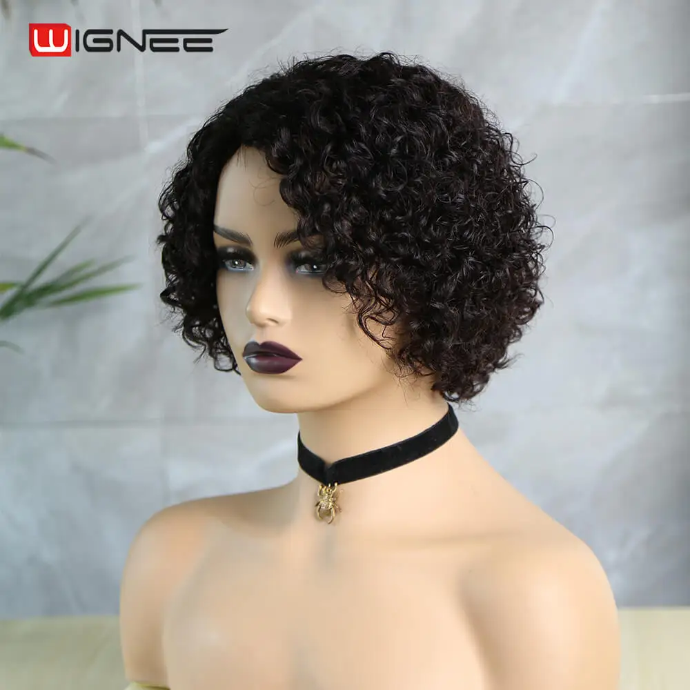 Wignee Short Curly Wigs Pixie Cut Wig Colored Bob Curly Human Hair Brazilian Hair For Black Women Side Part Bob Hairstyle
