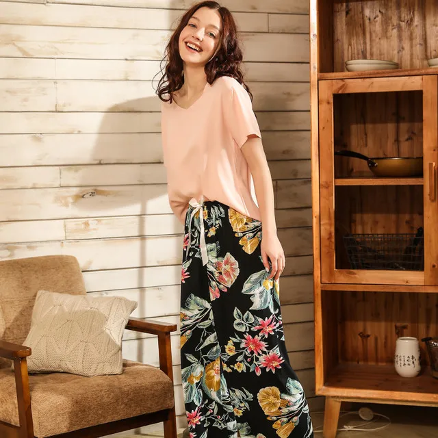 Breathable 2PCS Pajama Short Sleeve Printed Pijama Mujer Femme Loose Nightwear Suit Female Casual Homewear Pajama Set For Women L