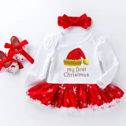 Комплект одежды для новорожденных, красивая обувь повязка на голову, мягкий полиэфирно-хлопковый костюм с платьем Рождественская Одежда
