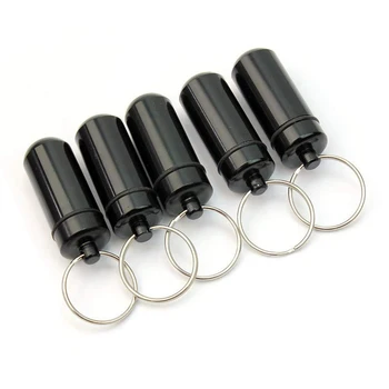 

New 5 Pcs Black Waterproof Aluminum Pill Box Case Drug Holder Keychain Container