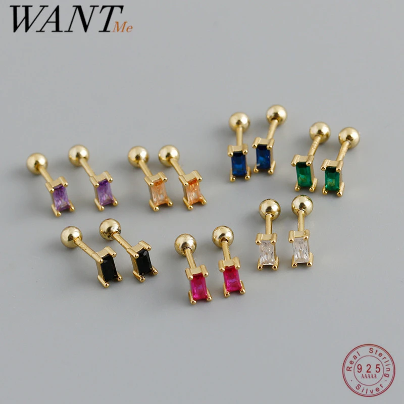WANTME 925 Sterling Silver Colorful Square Shiny Zircon Beads Piercing Stud Earrings for Women Fashion Gothic Exquisite Jewelry trendy hypoallergenic earrings