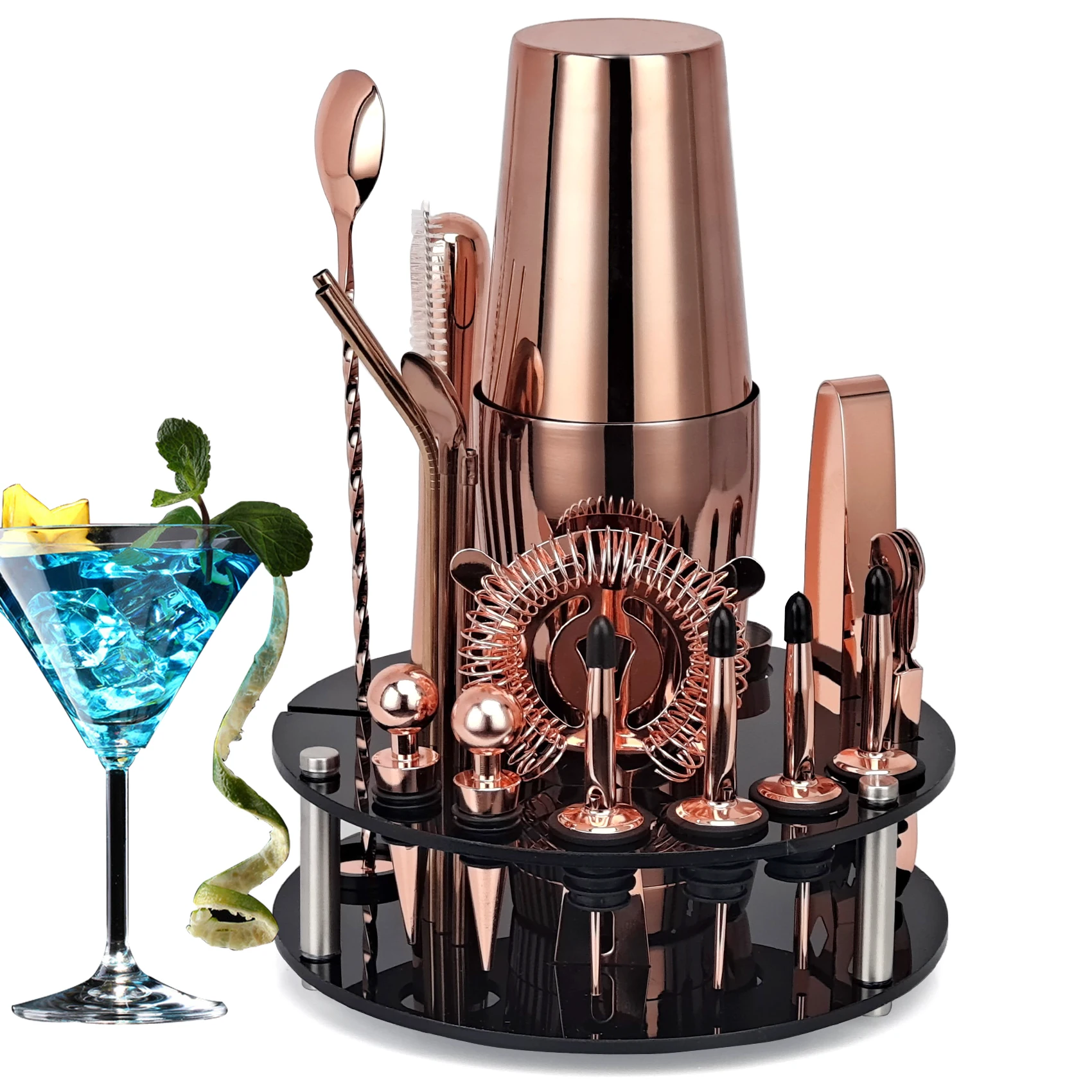 Bartender Kit,20-Piece Rose Gold Cocktail Shaker Set With Rotating Acrylic Stand,For Mixed Drinks Martini Home Bar Tools