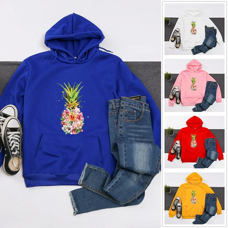 

Dreamlikelin Women Fleece Hoody Fashion Colorful Flower Pineapple Print Cute Sweatshirt Autumn Winter Plus Size Pullover