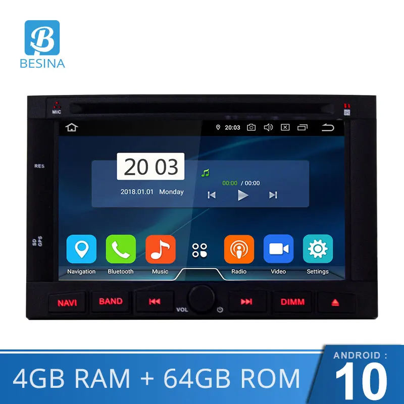 Автомобильный DVD плеер Besina Android 10 0 с GPS Wi Fi восьмиядерным процессором 2 Din для Peugeot
