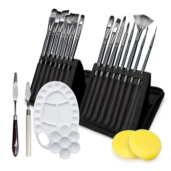 

HOT-20 Pcs Paint Brush Set for Acrylic Oil Watercolor Painting Brushes with 1 Paint Tray, 2 Palette Knife and 2 Sponges