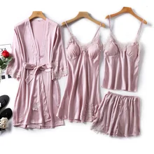 Women Faux Silk Dressing Gown 4 Piece Sexy Sleep Set Lace Sling Shorts Summer Robe Sleepwear Autumn Winter Warm Home Sleepwear
