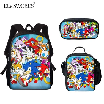 

ELVISWORDS 2020 Back to School Student Fashion 3PCS Schoolbag Set Cool Sonic The Hedgehog Pattern Kids Cartoon Book Bag mochila