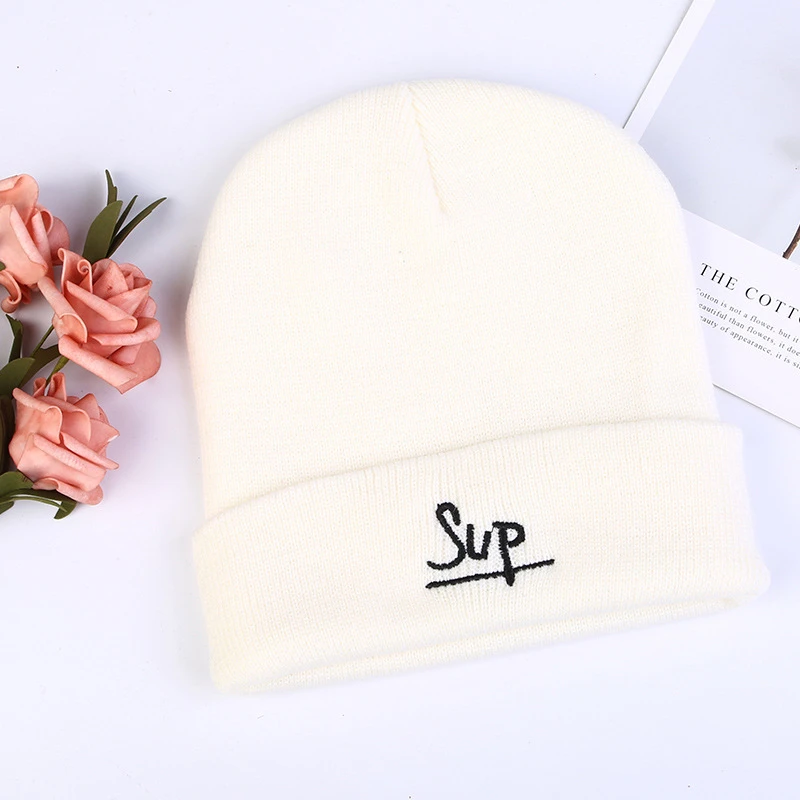 White Black Grey Simple Winter Hats for Woman Letter Sup Embroidery Knitted Caps Man Autumn Hat Female Hip-hop Beanie Bonnet - Цвет: white