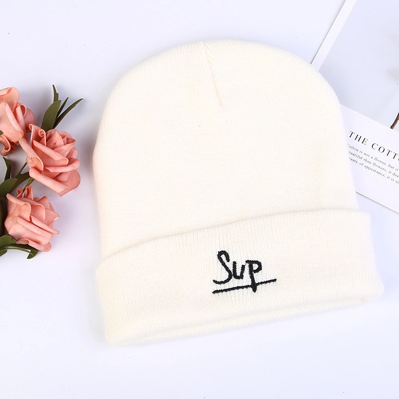 white White Black Grey Simple Winter Hats for Woman Letter Sup Embroidery Knitted Caps Man Autumn Hat Female Hip-hop Beanie Bonnet - Цвет: white