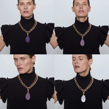 

Dvacaman ZA Necklace Bohemian Natural Stone Pendant Stitching Necklace For Women Trendy Golden Metal Chain Necklace Jewelry Gift