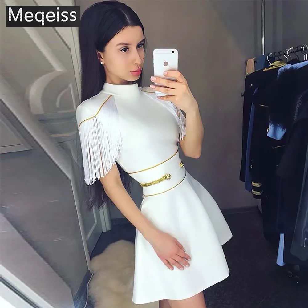Meqeiss, Бандажное платье, на Рождество, Год, вечерние, а-силуэт, сексуальное Белое Бандажное платье, украшенное, Vestidos, Бандажное платье с кисточками