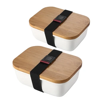 

2pcs Microwavable Lunch Box Bamboo Ceramic Bento Box Thermal Insulation Food Container Storage Box Crisper - S & M