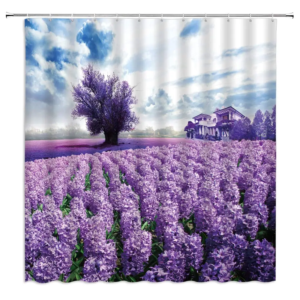 

Country Shower Curtain Purple Lavender Field Tree Villa European Style Decor Polyester Fabric Bathroom Accessories 70Ã—70 Inch
