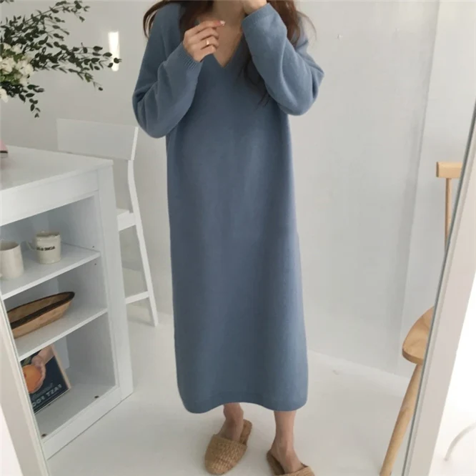 Зимнее платье-свитер, женские толстые вязаные вечерние длинные платья размера плюс, элегантный винтажный корейский прямой свитер с длинным рукавом V725 - Цвет: Blue