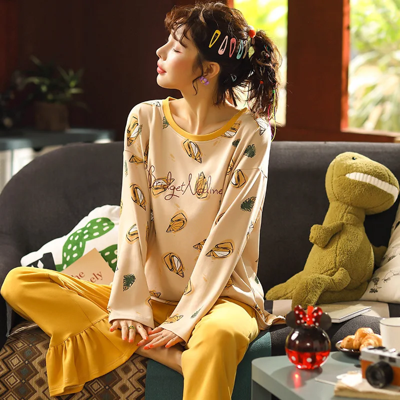 Пижамы женские весенне-осенние с длинными рукавами из чистого хлопка, Женская Повседневная Домашняя одежда с круглым вырезом, комплект из двух предметов