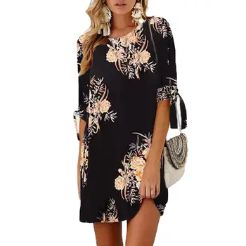 

2020 New Womens dress Floral Print O Neck Half Tied Sleeve Loose Chiffon Plus Size Mini Dress
