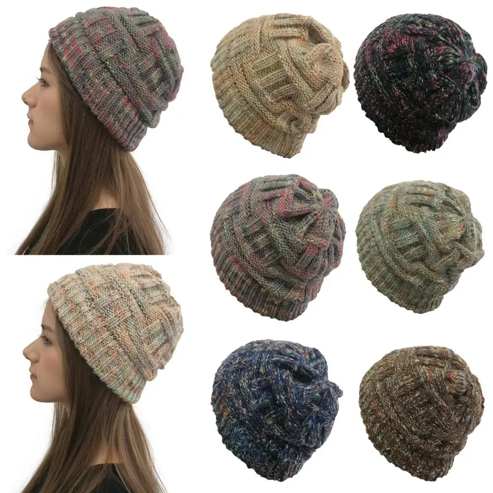 

2019 New Winter Color Wool Knit Beanie Women Fashion Casual Hat Warm Female Soft Thicken Hedging Cap Slouchy Bonnet Ski