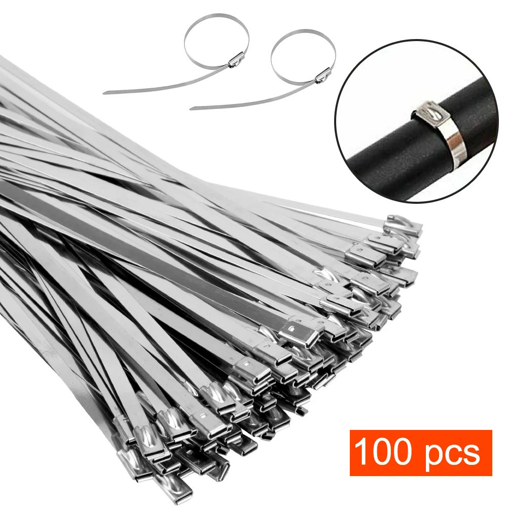 100Pcs Stainless Steel Header Wrap Self Locking Cable Zip Ties Metal Bulk Kit HY 