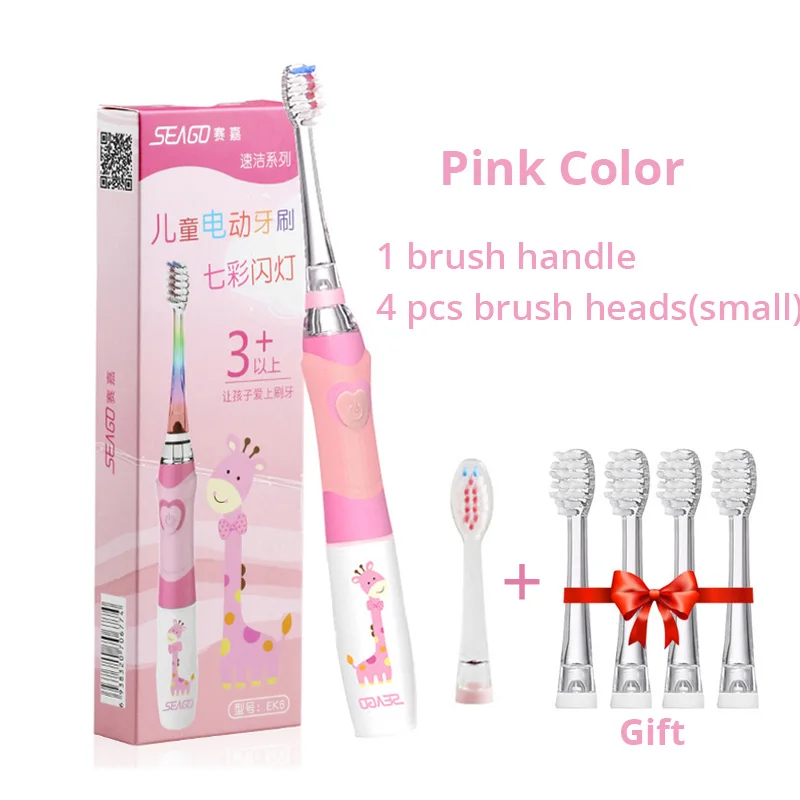 1pink6brushhead Детская электрическая зубная щетка с питанием от батареи, умный таймер, светодиодный цветной светильник, зубная щетка с мягкой щетиной, щетка для малышей, зубные зубы, белее - Цвет: 1pink6brushhead
