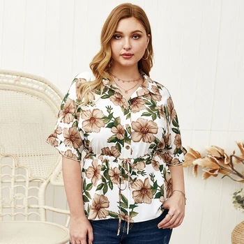 

4XL Plus Size Blouse Women Summer Top 2020 Elegant Lapel Flower Printed Belt Casual Office Shirt Fashion Vacation Retro Blouse