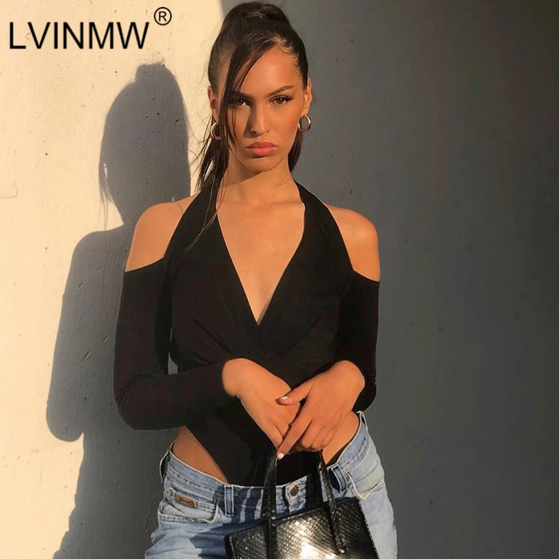 LVINMW черный кружевной бантик Холтер с v-образным вырезом и длинным рукавом боди 2019