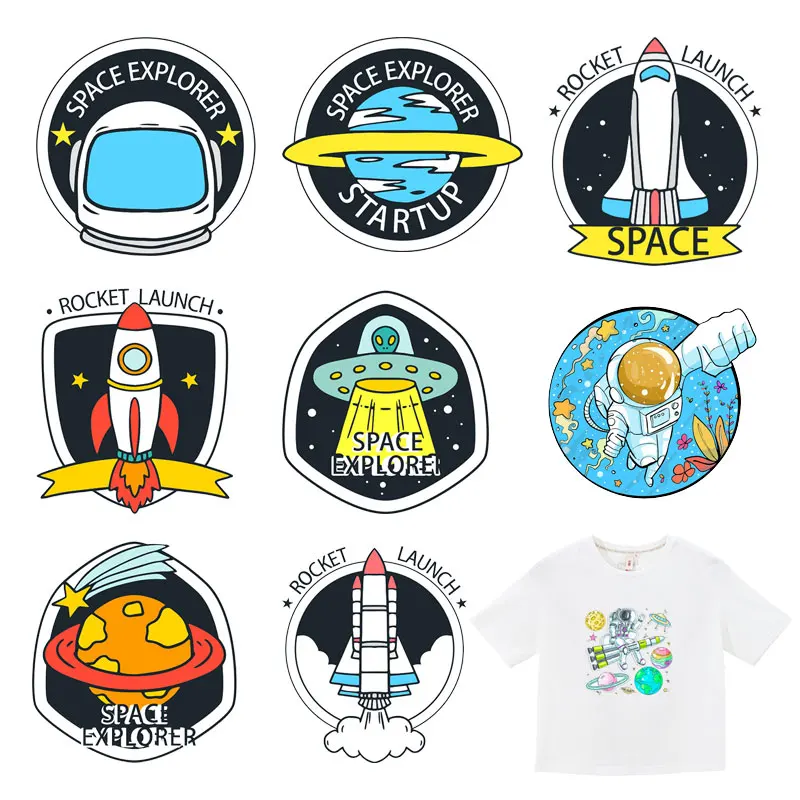 

Space Rocket Heat Transfer Patches for Clothing Starry Sky Printed DIY Iron on Letter UFO Planet Patch for Kids T-shirt Applique