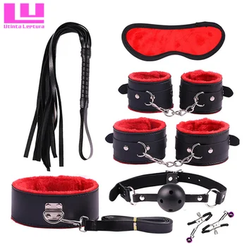 7 in 1 Adult Game Sex Bondage,Restraint,Handcuff,Mouth Plug,Whip,Collar,Nipple Clip,Sexual Fantasy Toys PU Leather SM Product 2