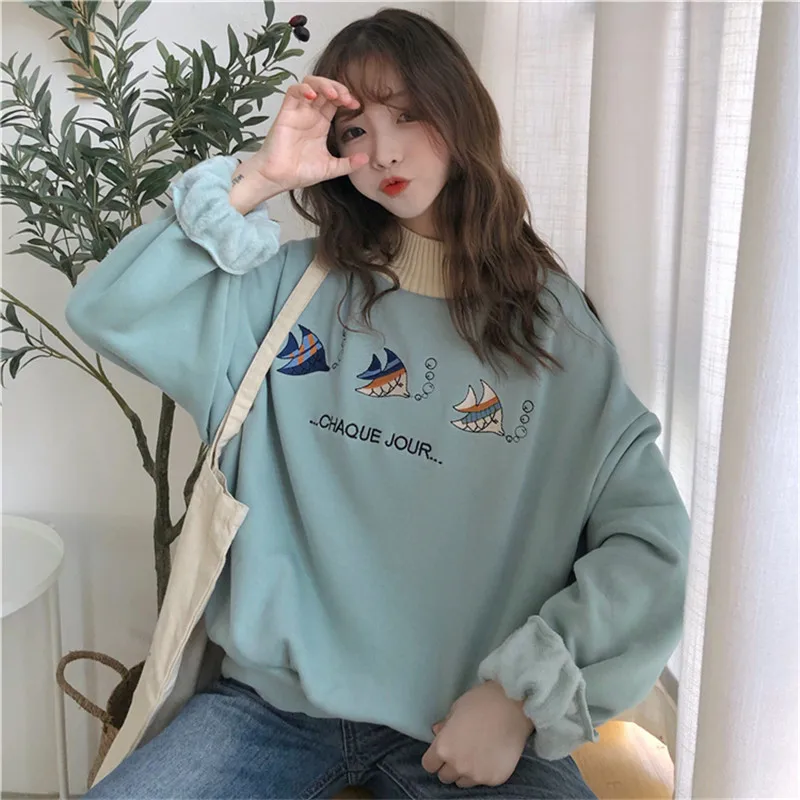 Новые бархатные толстые Ulzzang женские осенние корейские ins Harajuku винтажные Веселые топы с героями мультфильмов Модные свободные повседневные женские толстовки