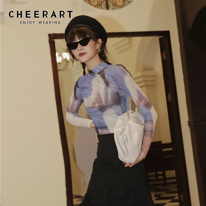 CHEERART сетчатая водолазка, футболка для женщин, прозрачный топ с длинным рукавом, Винтажная Футболка с принтом, осенняя одежда