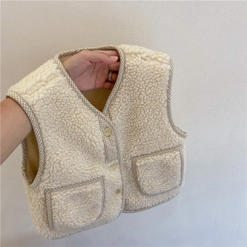 Winter Warm Kids Vest Solid Baby Sleeveless Lamb Wool Coat Children Thicken Vest Cotton Girls Windproof Children Jacket