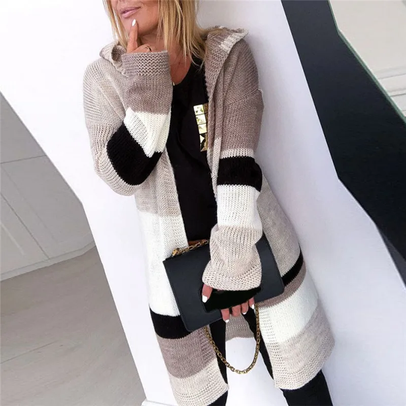 Женское вязаное пальто, свитер, новинка, стильный Повседневный лоскутный свитер с капюшоном и длинным рукавом, длинный кардиган, осенне-зимнее повседневное пальто 5