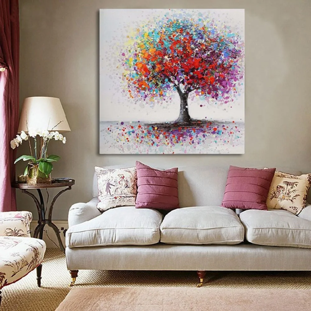 New Colorful Big Tree Hand-painted Tree Oil Painting on Canvas Posters and Prints Cuadros Wall Art Pictures For Living Room