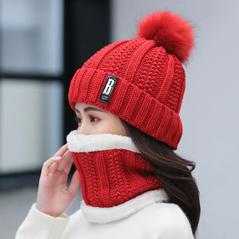 Intimate Design Women Winter Beanie PomPom Hat Thick Warm Soft Neck Warmer Knit Balaclava Soft Fabric Not Easy To Pilling